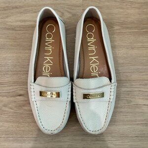 Women's Calvin Klein White Loafers Size 6 with Gold Accents Like New!